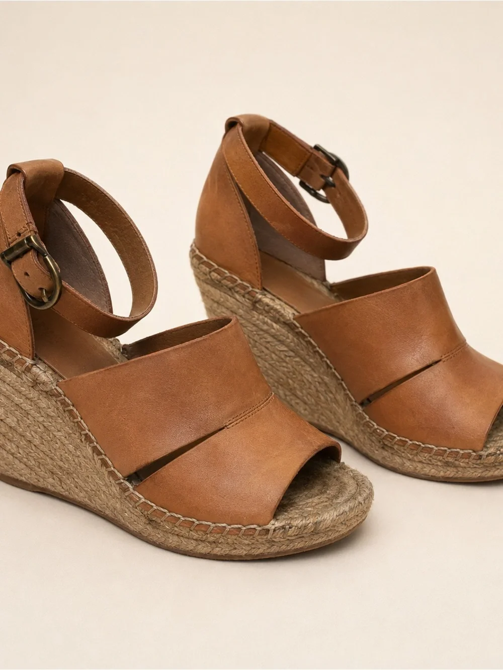 Tan Espadrille Wedge Sandals with Ankle Strap